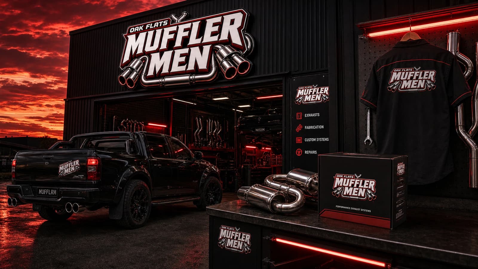 Brand system environment hero for Oak Flats Muffler Men