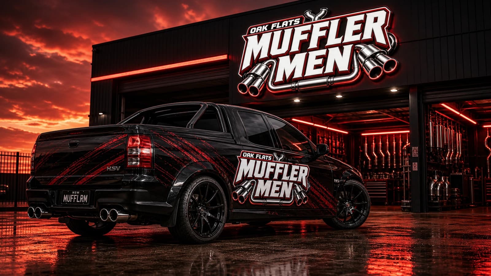 Branded ute workshop hero for Oak Flats Muffler Men