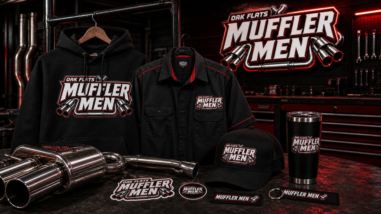 Merch rail hero for Oak Flats Muffler Men