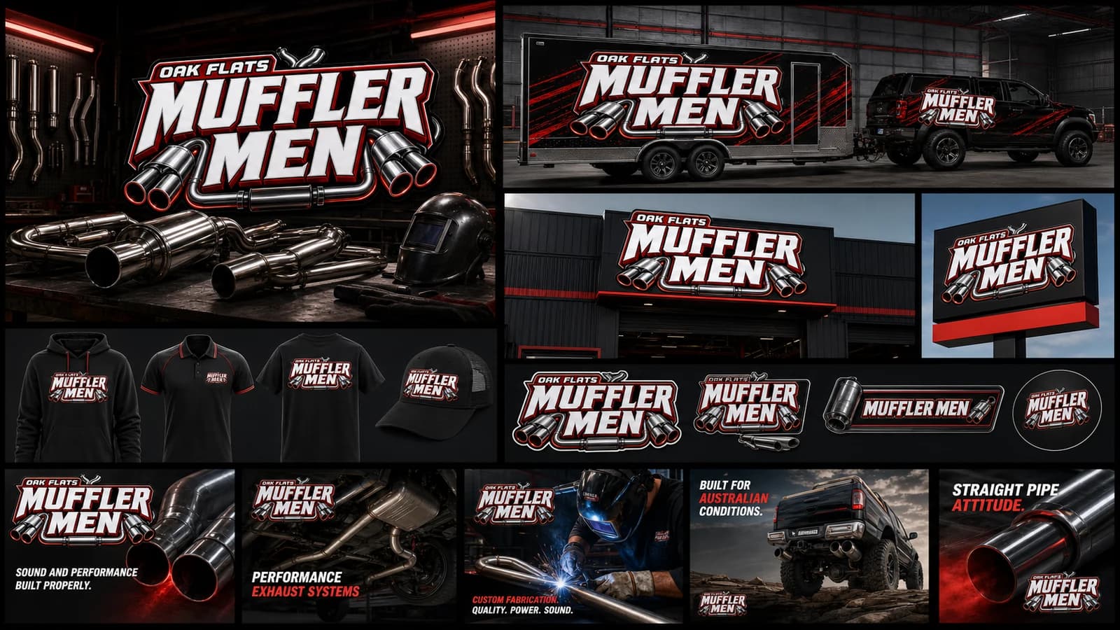 Oak Flats Muffler Men brand board with exhaust service assets