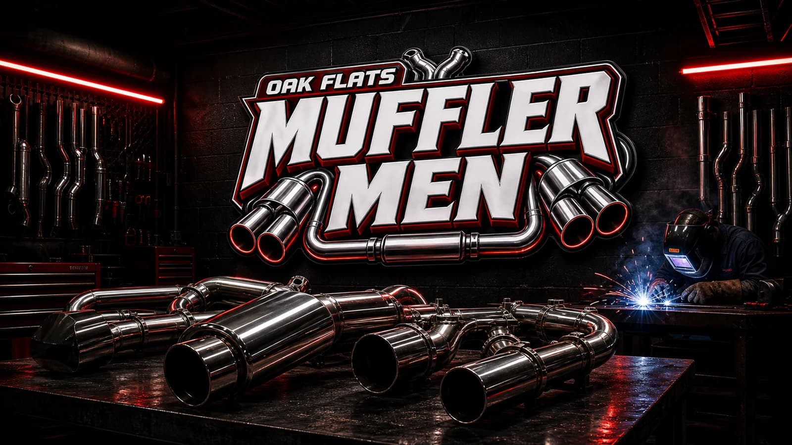 Oak Flats Muffler Men workshop hero with the new exhaust brand identity