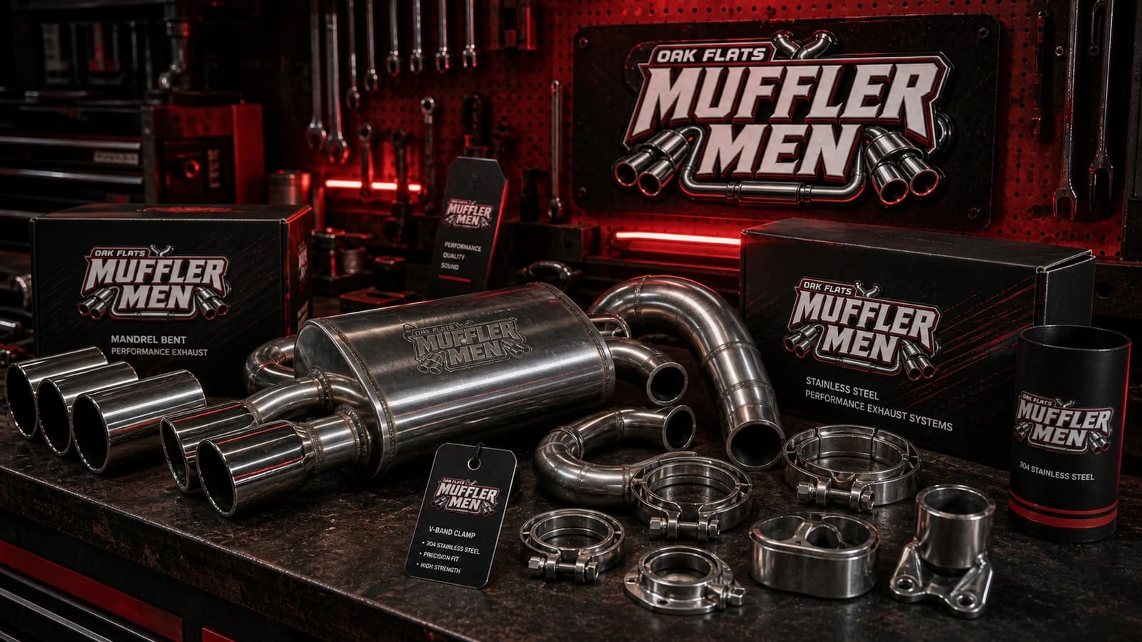 Exhaust product demo hero for Oak Flats Muffler Men