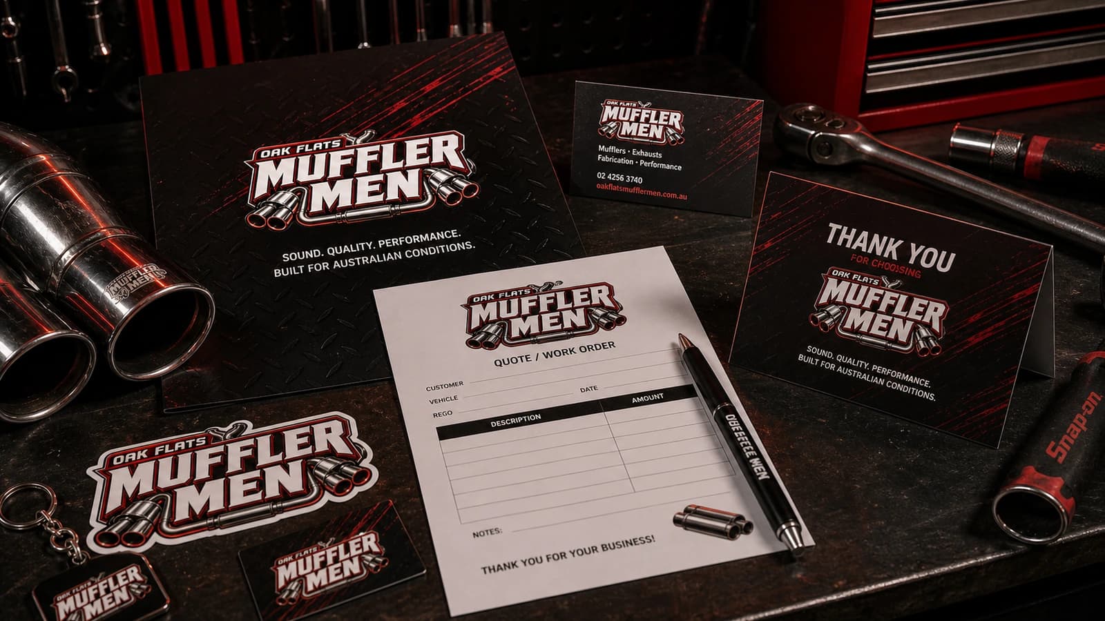 Stationery and print flatlay for Oak Flats Muffler Men