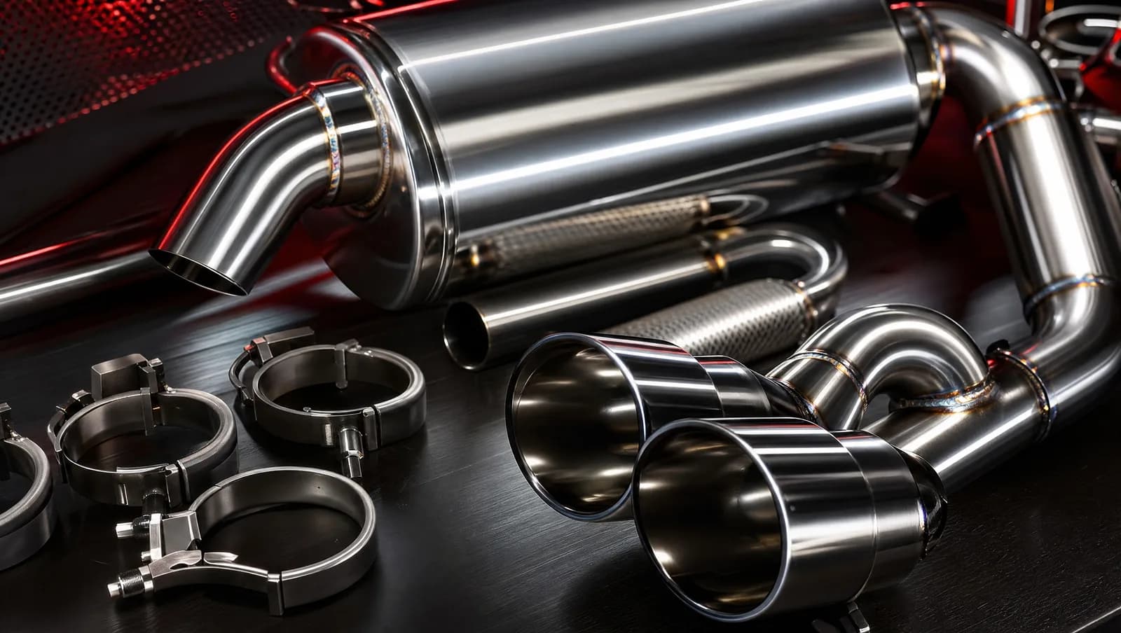 Premium stainless exhaust components and polished chrome tips