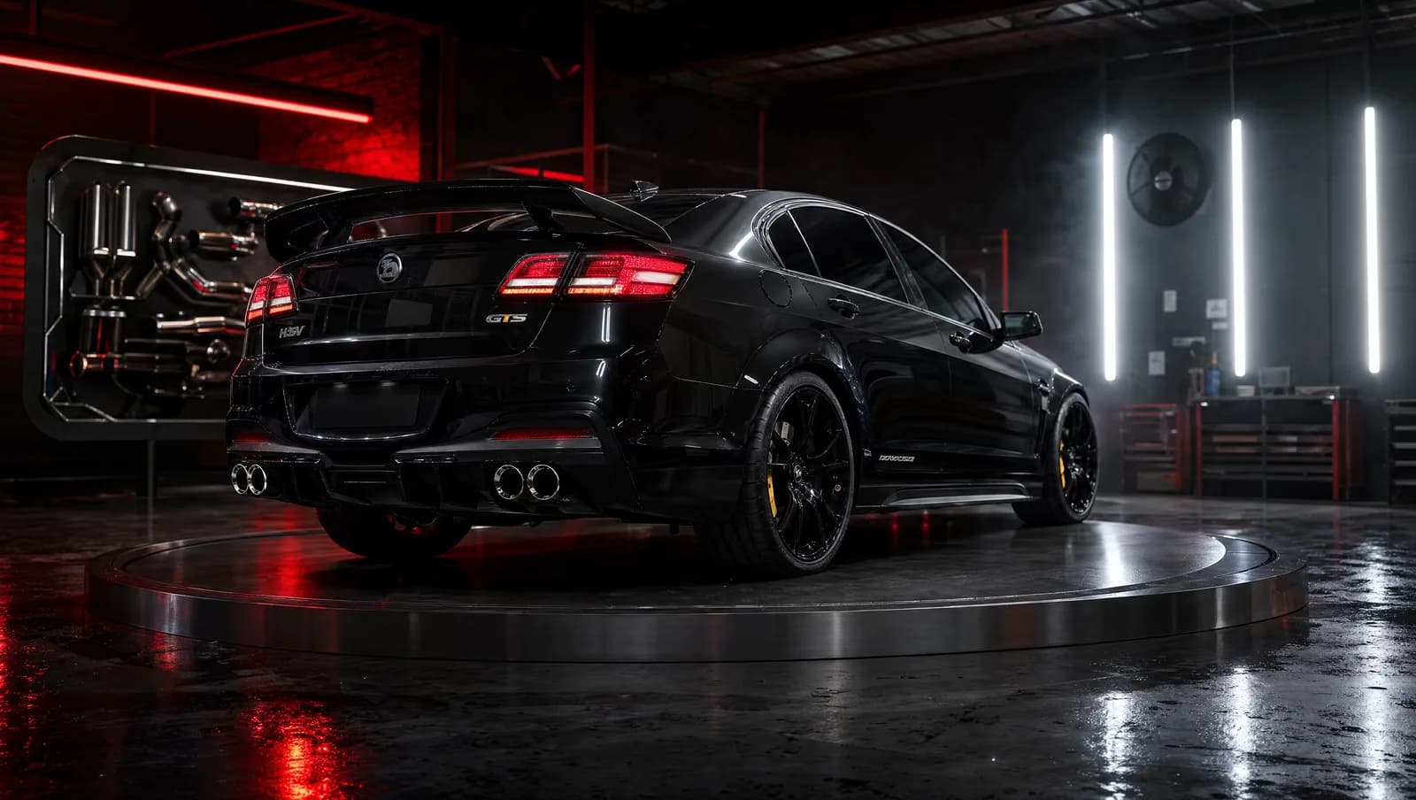 HSV GTS performance exhaust hero in a premium workshop