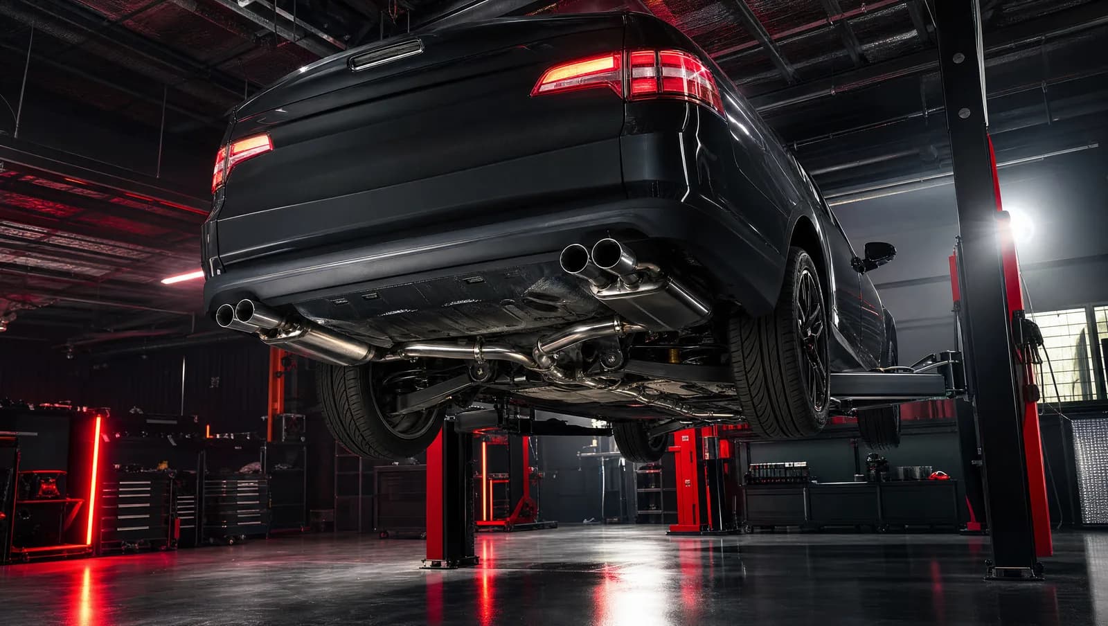 Performance exhaust installation on a workshop hoist