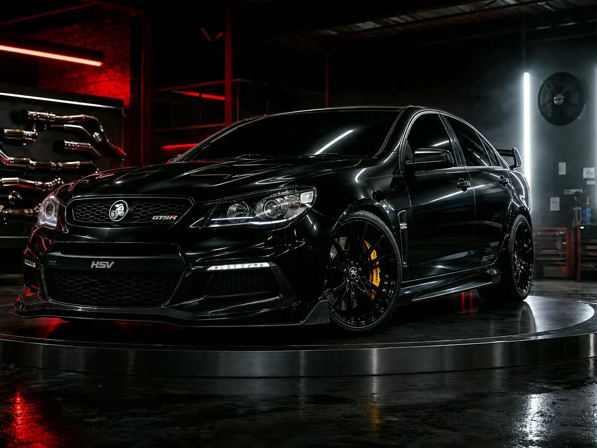 Black performance sedan staged in a dark workshop