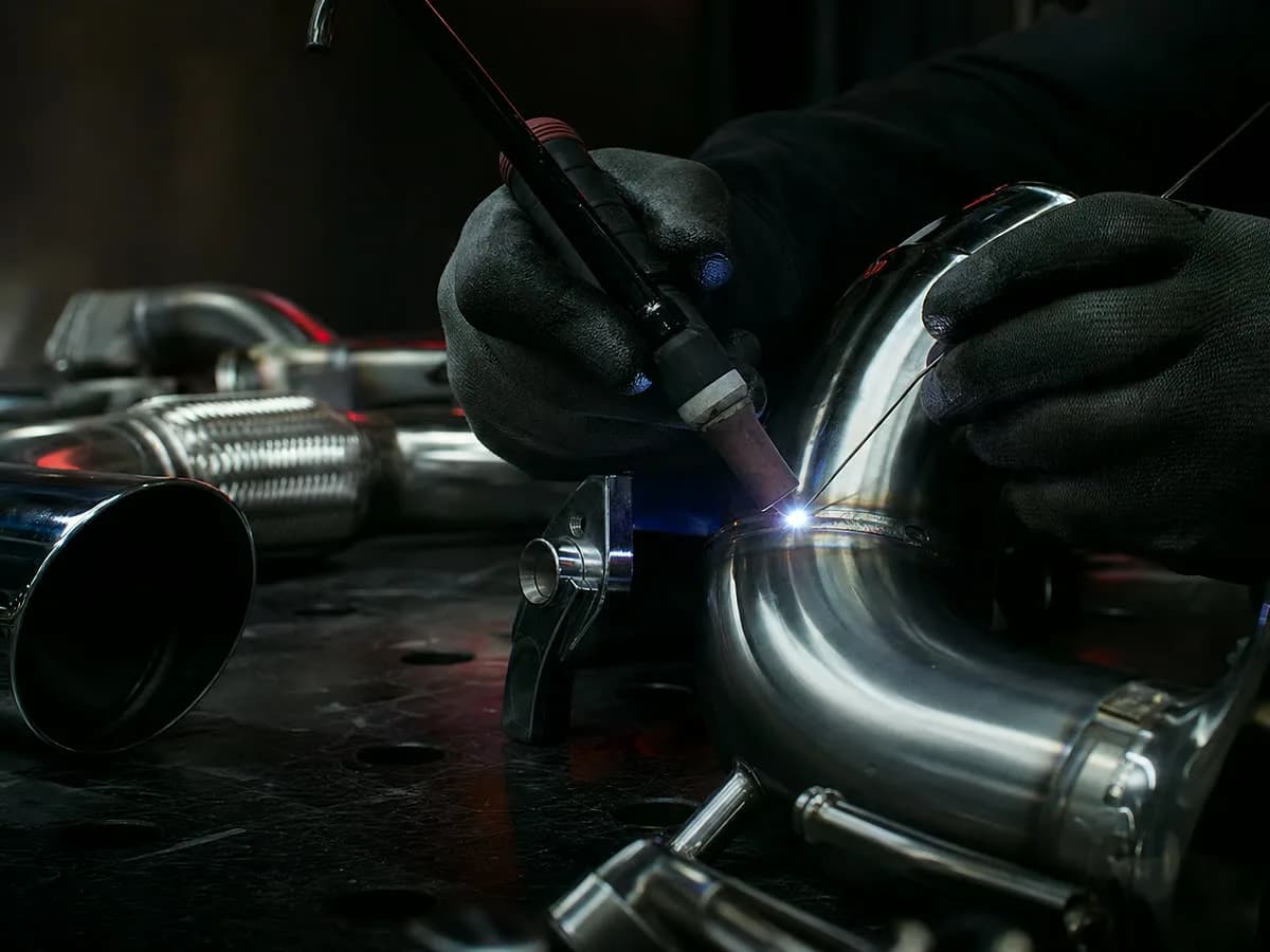 TIG weld macro on stainless exhaust pipework