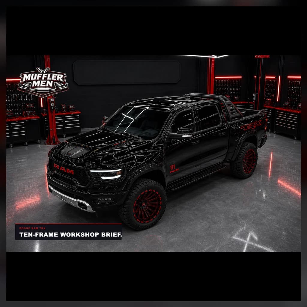 Dodge RAM TRX workshop roofline view for Oak Flats Muffler Men exhaust advice