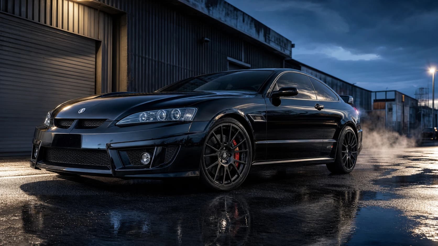 Glossy performance car presented under cinematic studio lighting.