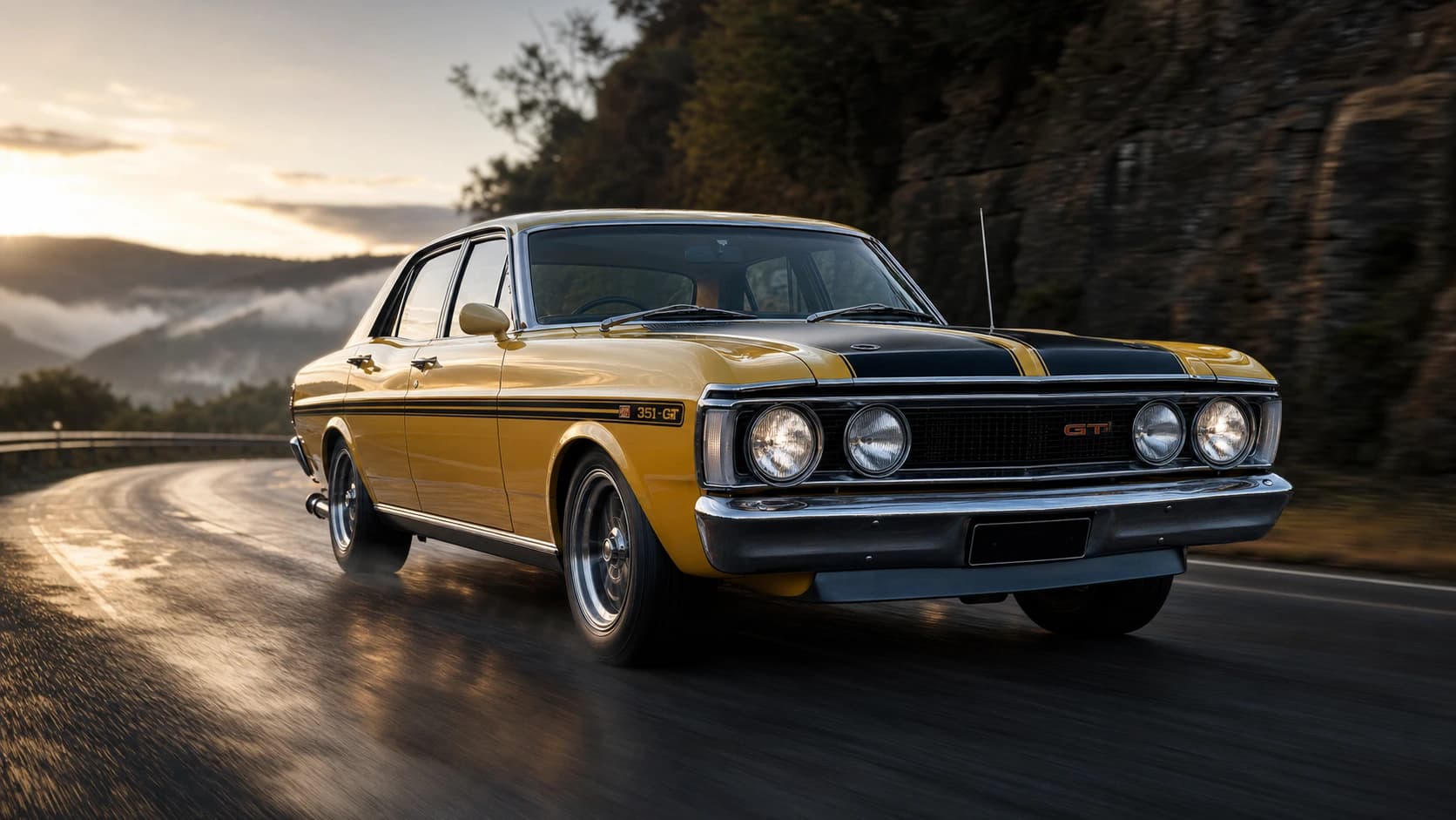 Classic performance car shown in dramatic dawn lighting.