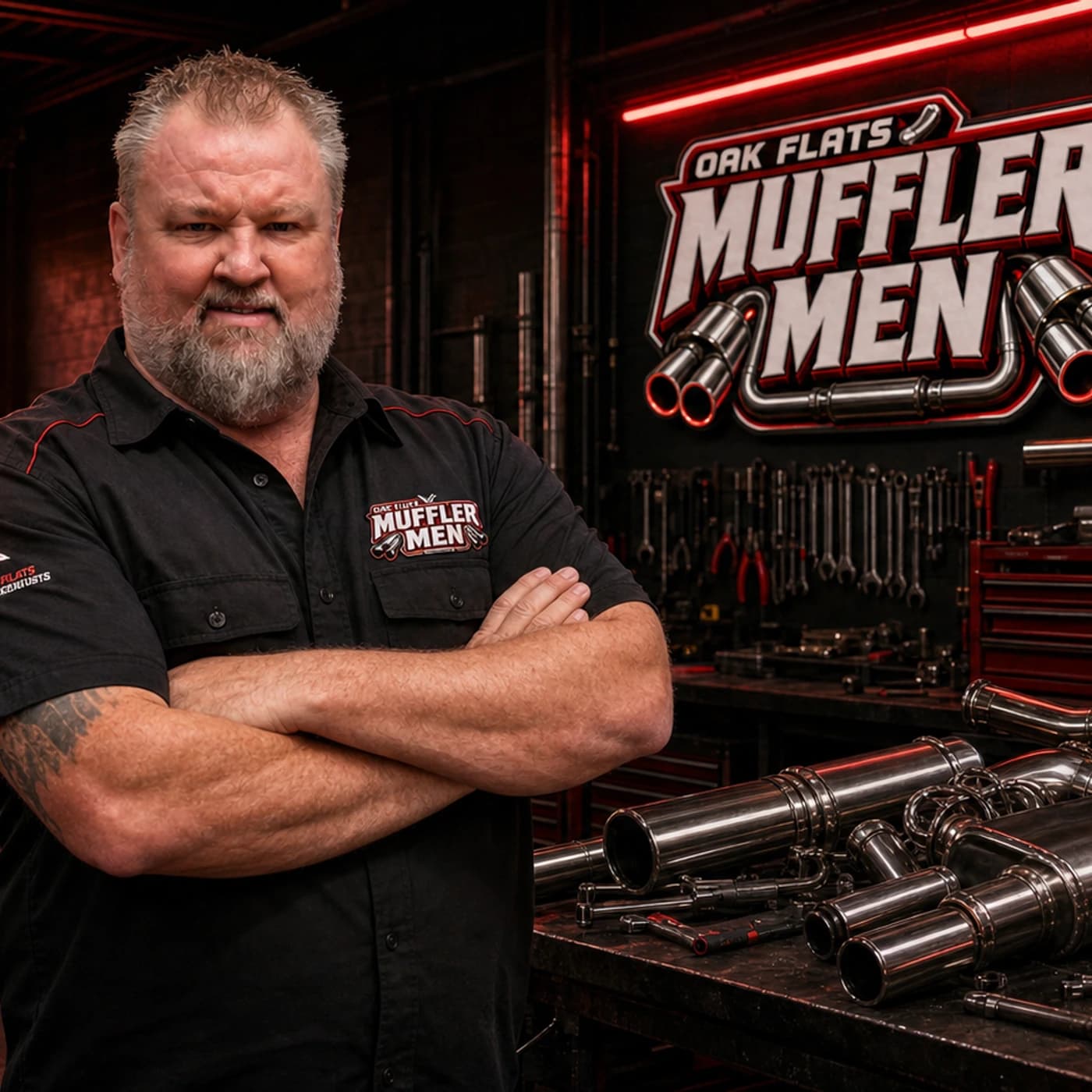 Brad Yates, owner and director of Oak Flats Muffler Men, in the workshop