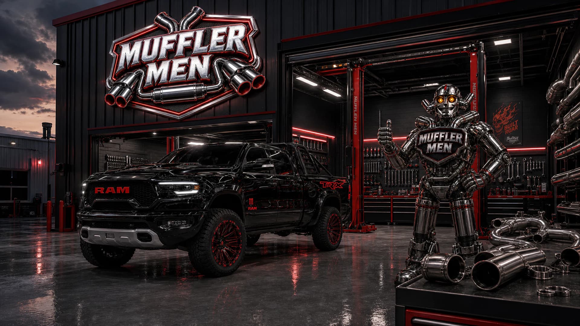 Dodge RAM TRX in the Muffler Men workshop with official logo and mascot