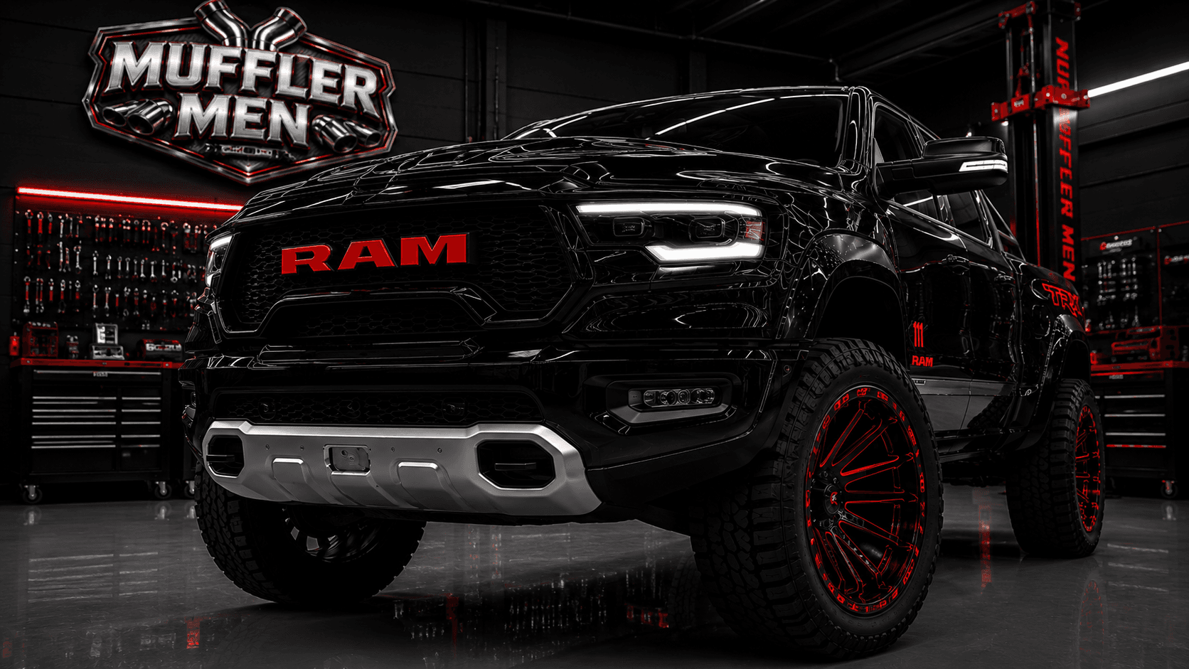 Gloss black Dodge RAM TRX in the Oak Flats Muffler Men workshop gallery hero