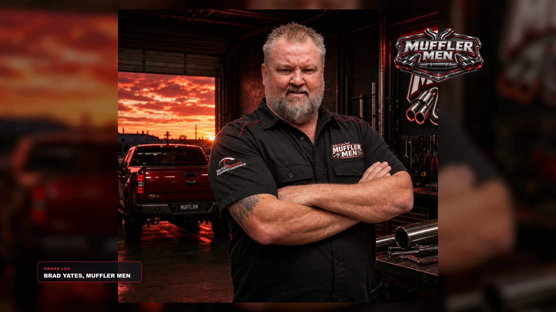 Brad Yates founder of Oak Flats Muffler Men in the official branded workshop scene