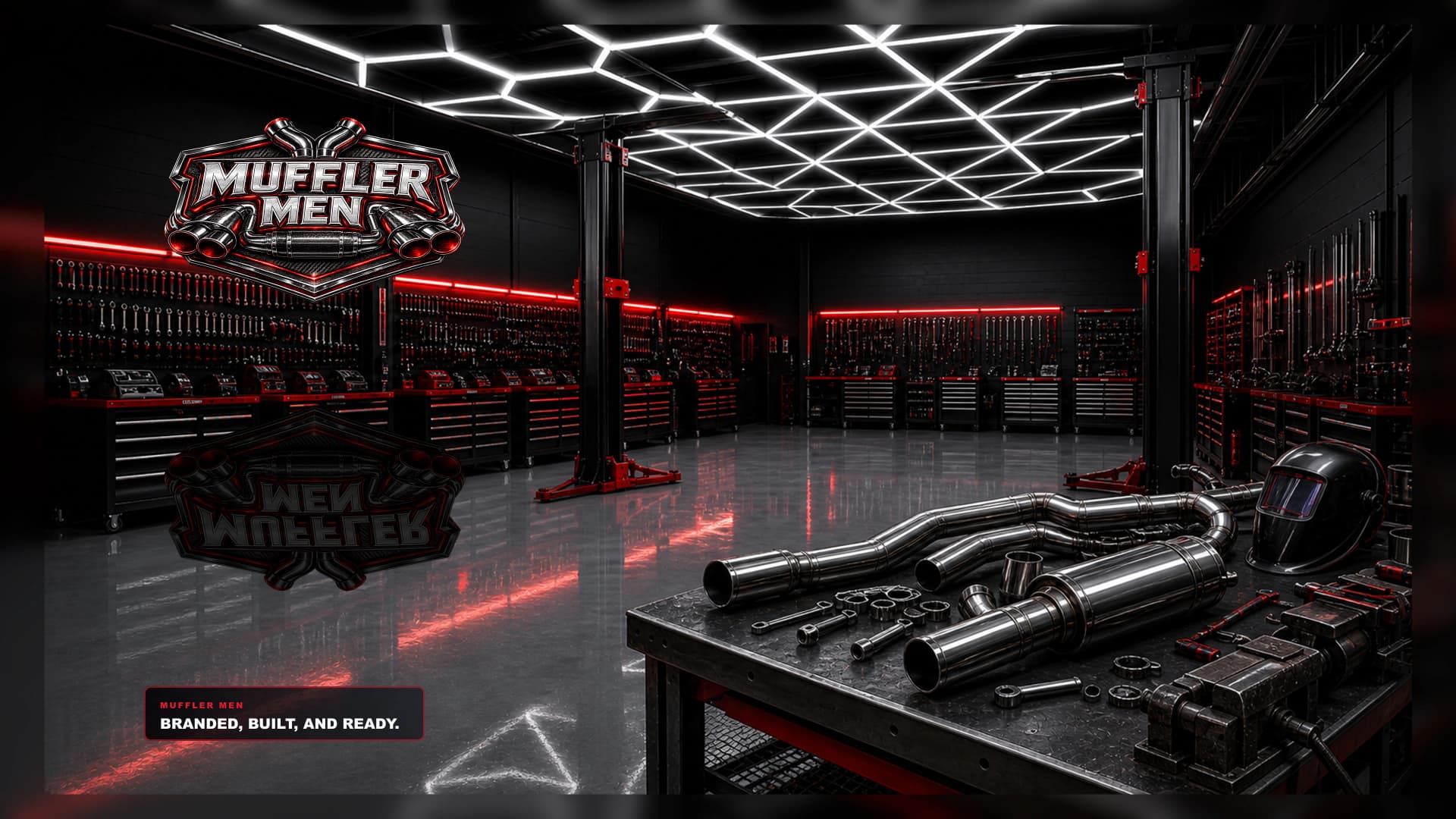 Official Muffler Men branded workshop scene with header logo, red lighting and polished concrete floor