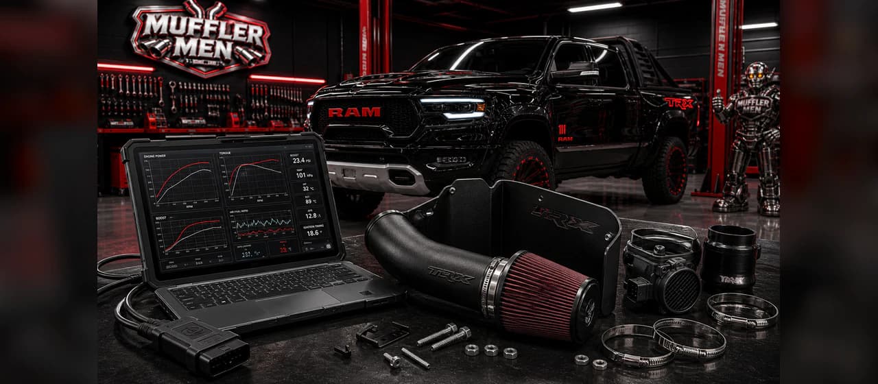 ECU remaps and intake systems | Oak Flats Muffler Men Diagnostic tablet and intake hardware for ECU remap and induction upgrade planning