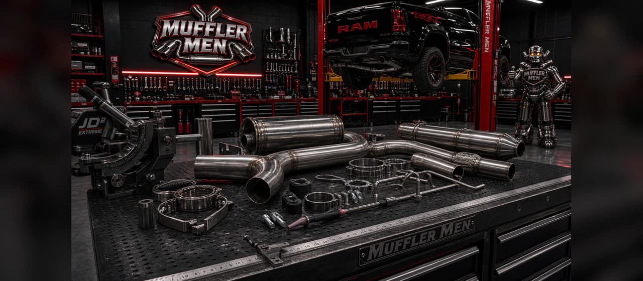Exhaust fabrication | Oak Flats Muffler Men Custom exhaust fabrication components laid out with bender tooling and clean weld prep