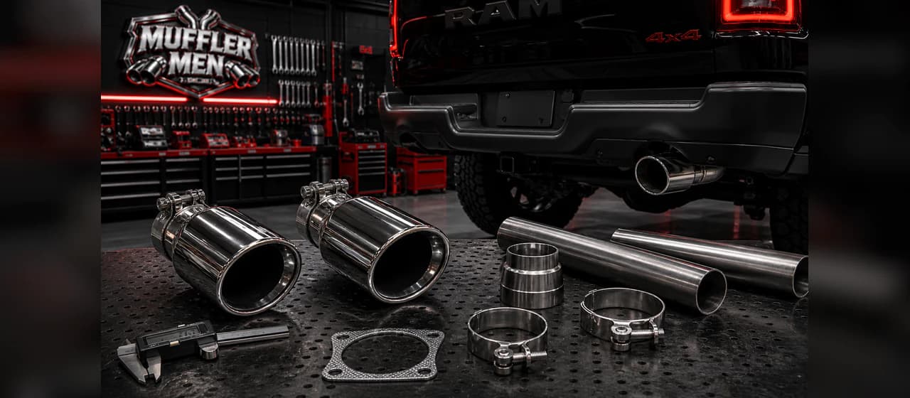 Exhaust pipes and chrome tips | Oak Flats Muffler Men Two polished single chrome exhaust tips with realistic pipe sections and a fitted single outlet