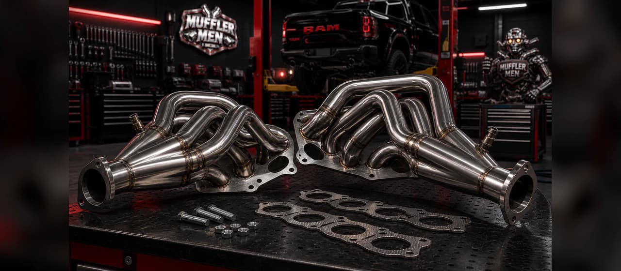 Extractors and headers | Oak Flats Muffler Men Stainless extractors and headers prepared on a Muffler Men fabrication bench