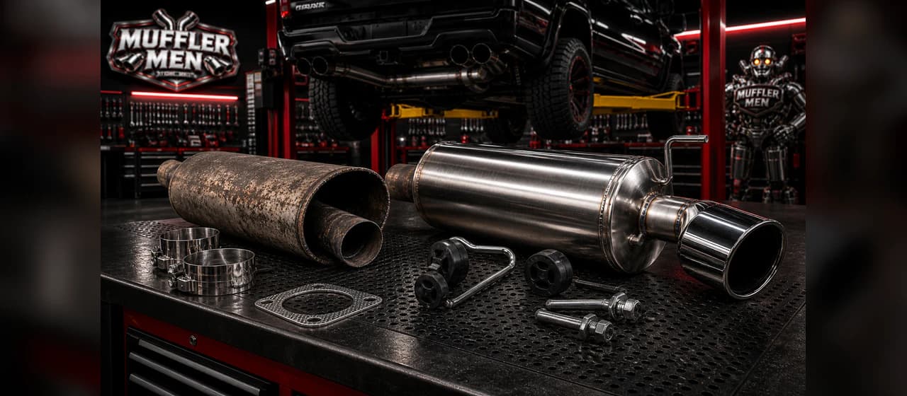 Muffler repairs and replacement | Oak Flats Muffler Men Muffler repair and replacement parts with realistic stainless muffler hardware