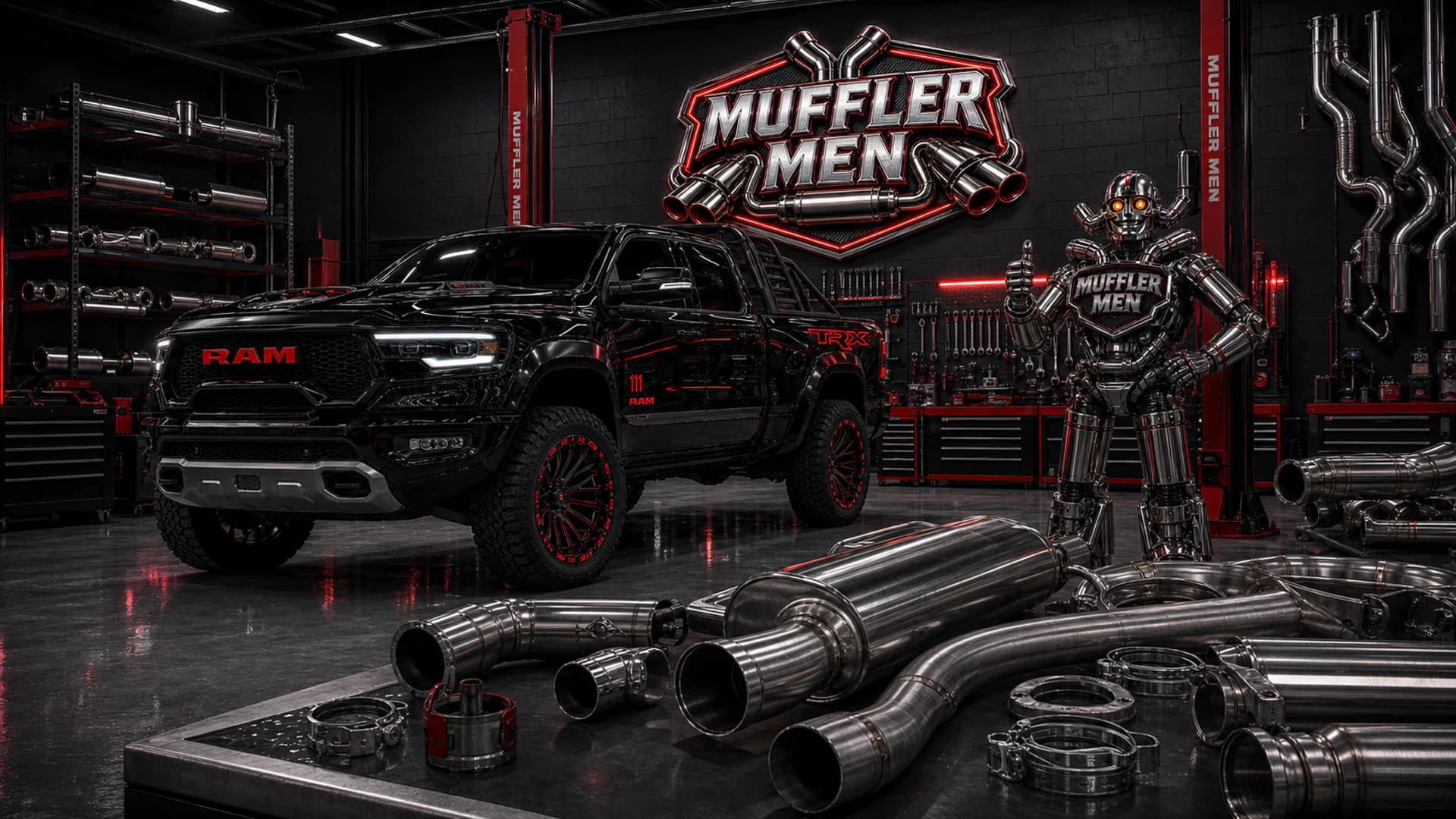 Dodge RAM TRX in the branded Muffler Men workshop with the official logo and mascot