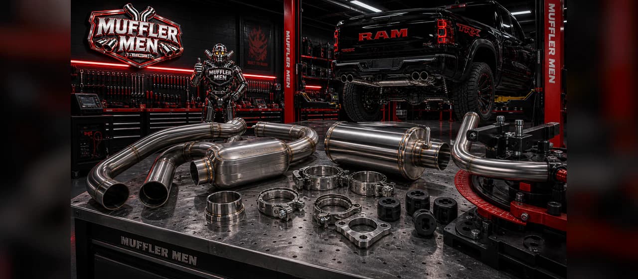 Stainless exhaust fabrication | Oak Flats Muffler Men Stainless exhaust pipework, mufflers and clamps laid out for accurate fabrication