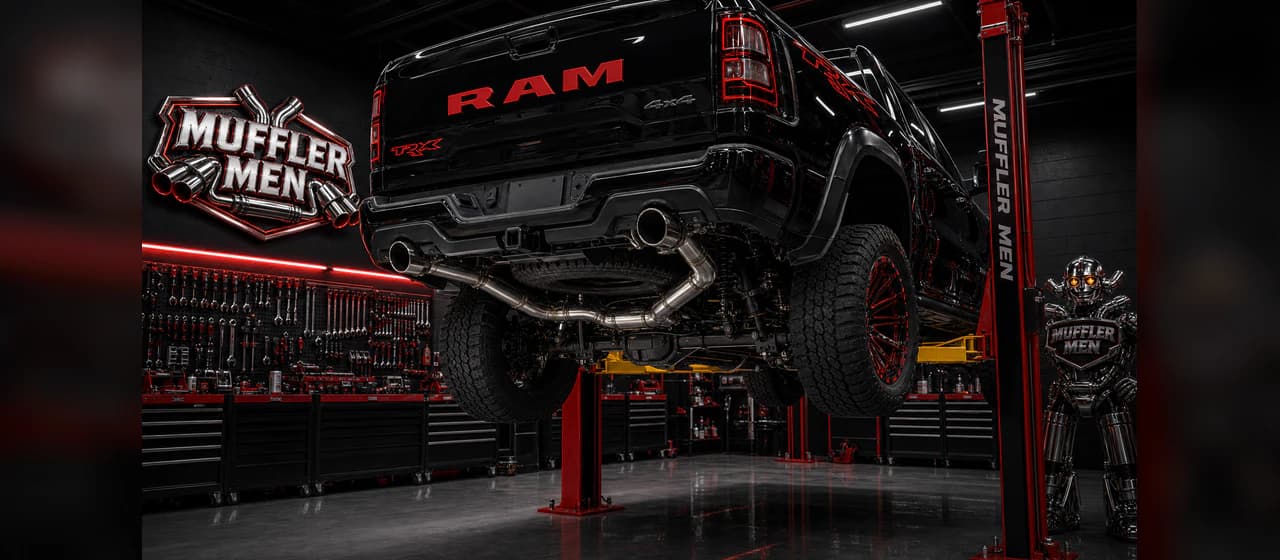 Truck and ute exhausts | Oak Flats Muffler Men 2021 Dodge RAM 1500 TRX truck exhaust routing on a heavy-duty Muffler Men hoist