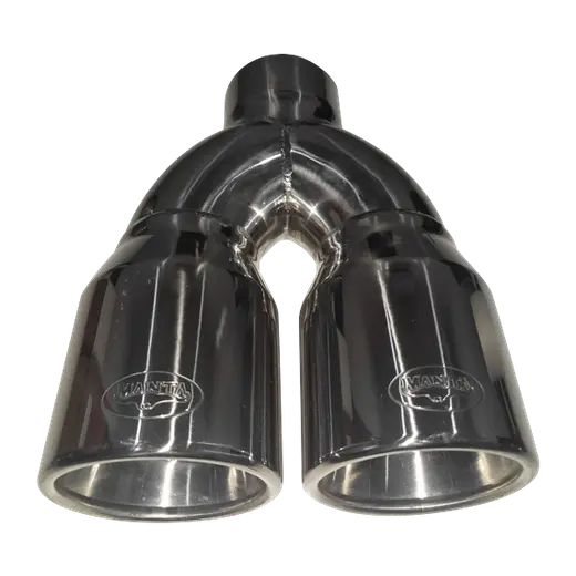 3in Inlet, Twin 4in Round Outlets, Straight Cut, Rolled Edge With Polished Inner Cone, Silverado product image