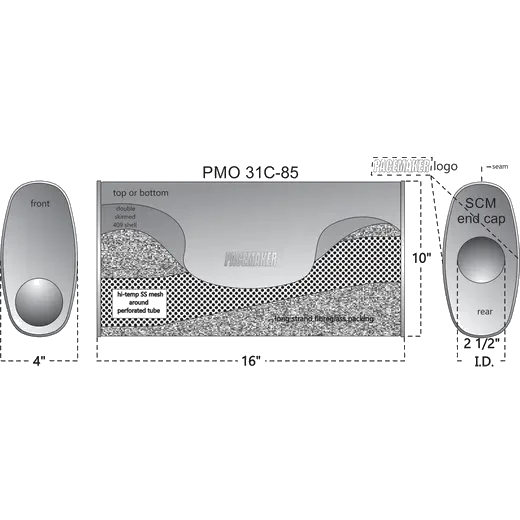 Pacemaker Oval Centre/Offset muffler Double Skin Lock Seam 409 SS 16" Long x 10" Wide x 4" Tall 2 1/2" Single Offset Entry  2 1/2" Single Centre Exit product image