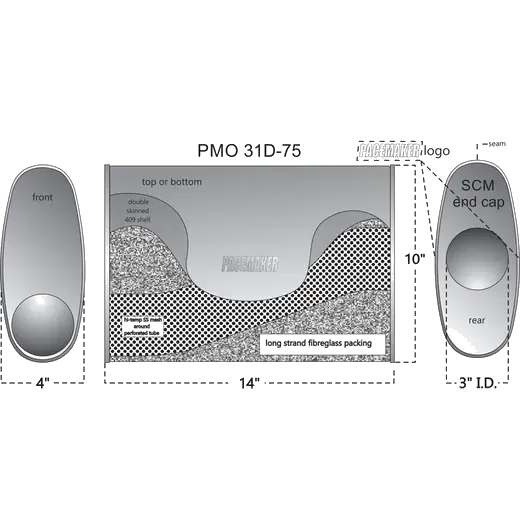 Pacemaker Oval Centre/Offset muffler Double Skin Lock Seam 409 SS 14" Long x 10" Wide x 4" Tall 3" Single Offset Entry 3" Single Centre Exit product image