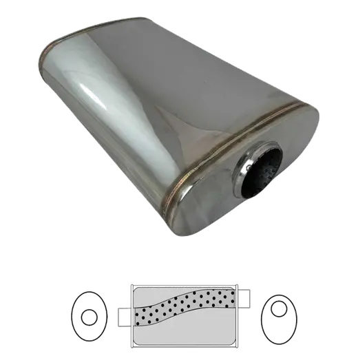 2 1/2" Megaflow Muffler in 304 Stainless Steel - 9 x 4" Oval, 14" Long, Offset/Centre product image