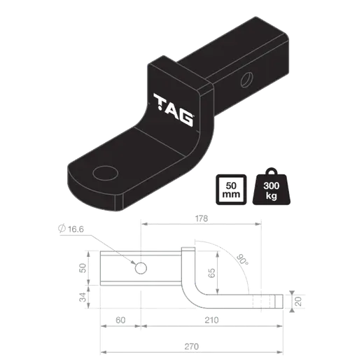 TAG Tow Ball Mount - 178mm Long, 90° Tongue Face, 50mm Square Hitch product image