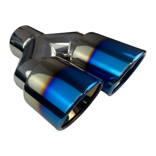 Dual 4" Y Piece Exhaust Tip Left Hand Titanium Blue Finish 3" Inlet product image